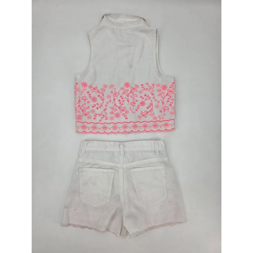 Sara Sara White Matching Short/Vest Set With Orange Embroidery Size 10